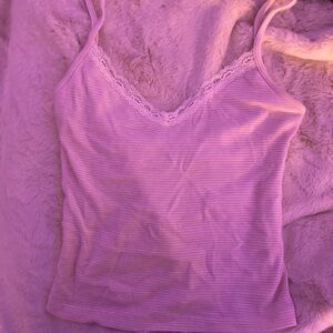 Pink and white striped Brandy Melville tank top with lace border